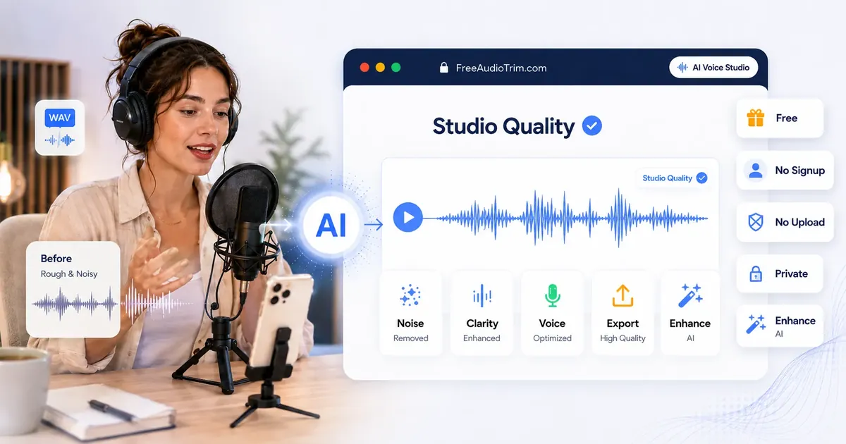 Podcaster using a microphone beside an AI voice enhancement interface with noise removal and speech cleanup features