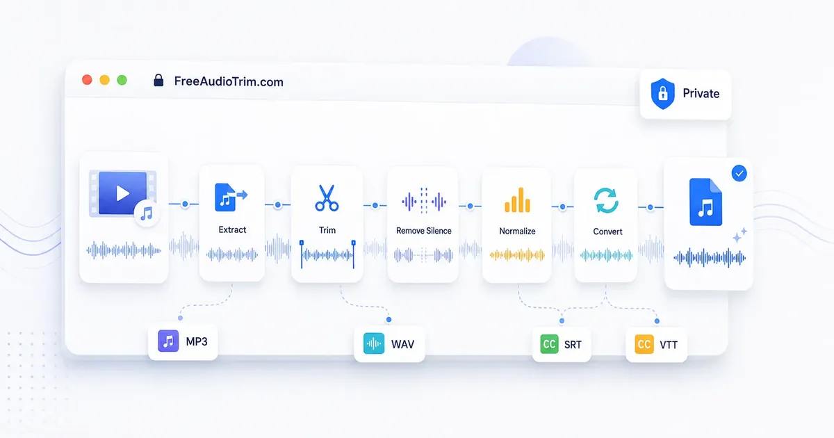 Audio editing workflow from extraction and trimming through normalization, conversion, and subtitle export
