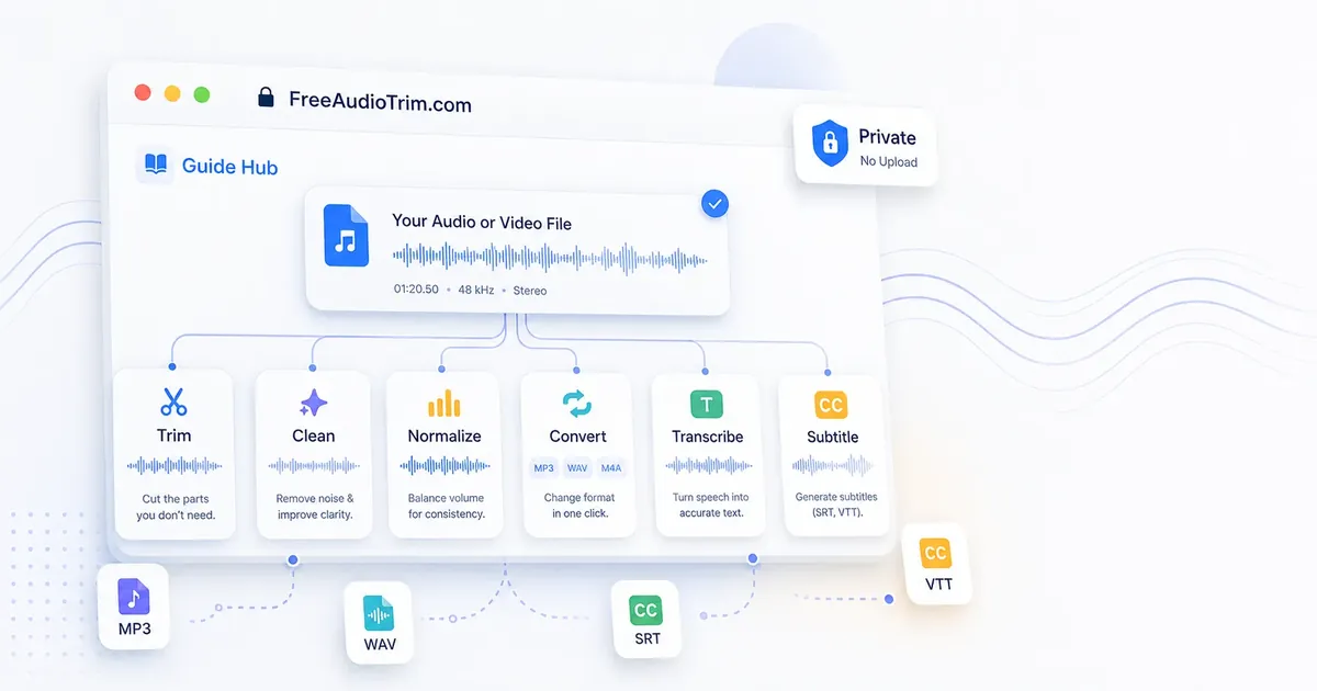 FreeAudioTrim guide hub for trimming, cleaning, normalizing, converting, transcribing, and subtitling media