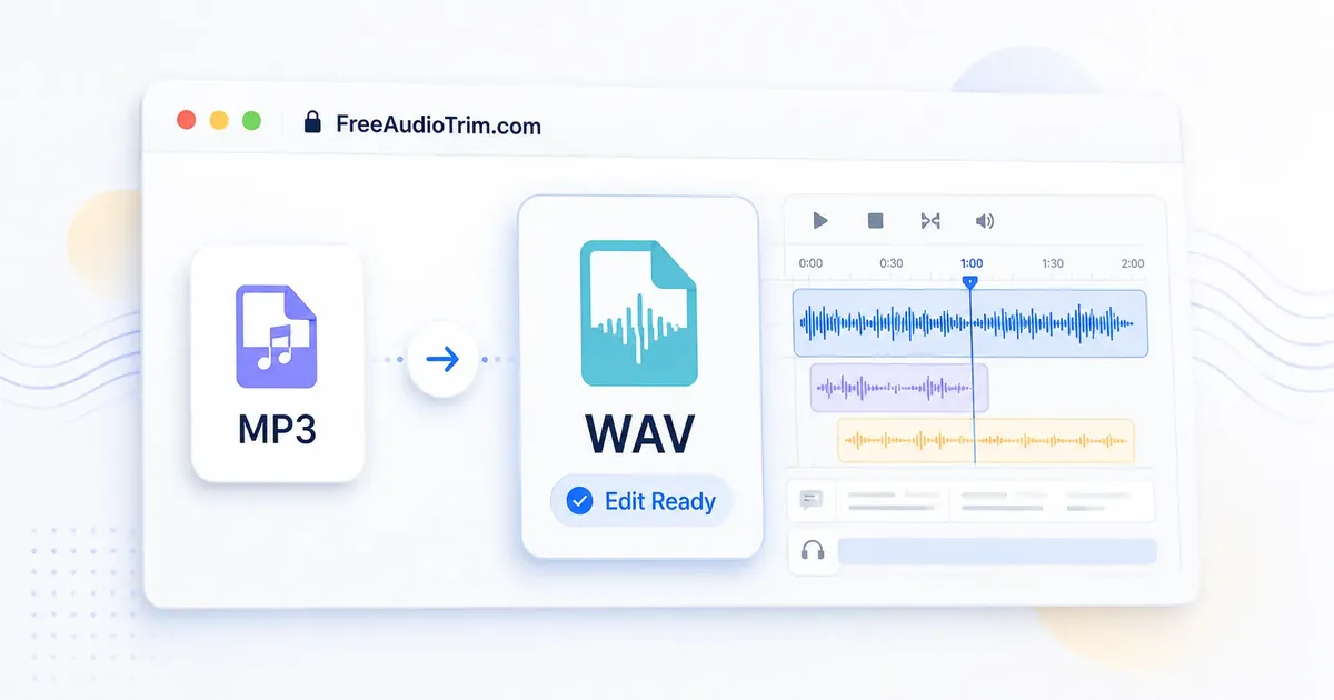 MP3 audio file being converted into an edit-ready WAV file with waveform tracks