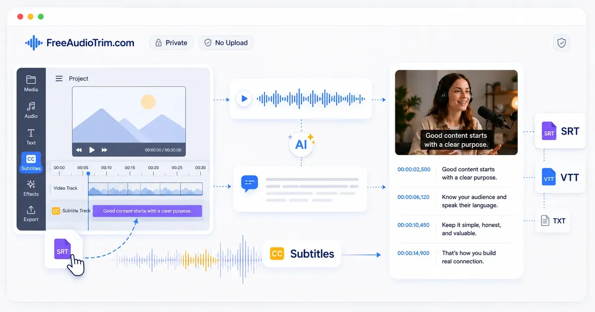 Video subtitle workflow generating editable caption lines and SRT, VTT, and TXT files