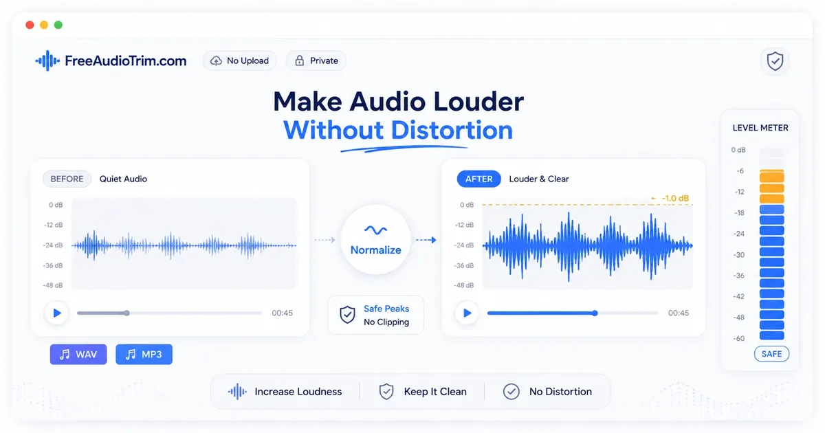 Before-and-after waveforms showing audio made louder with safe peaks and no clipping