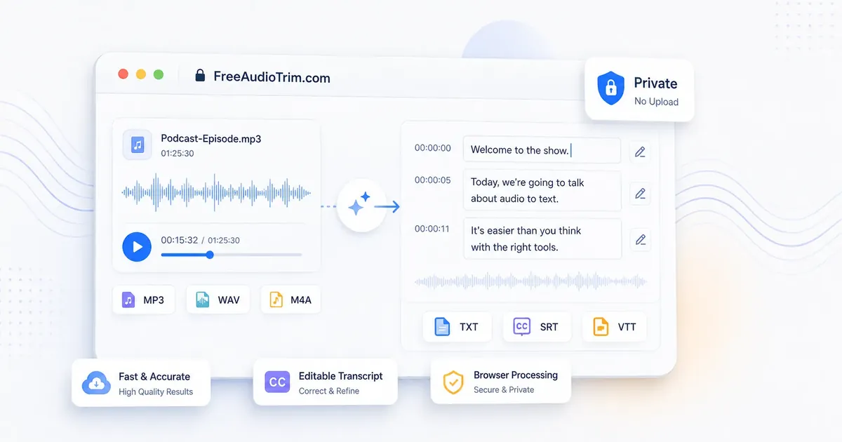 Podcast audio converted into an editable transcript with TXT, SRT, and VTT export options