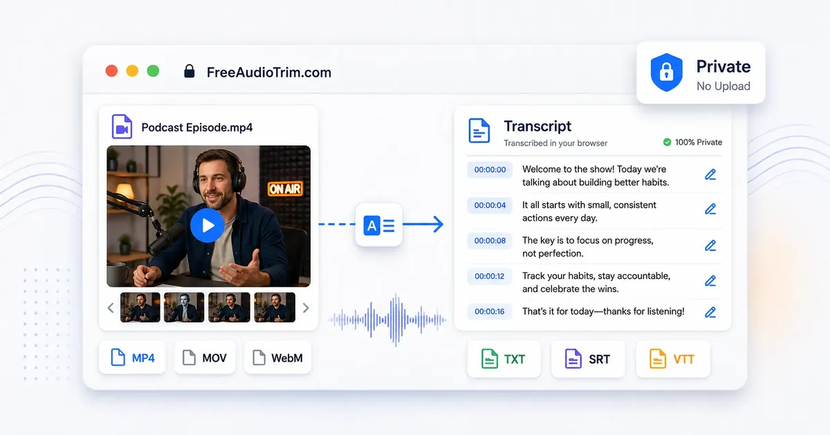 Podcast video converted into an editable timestamped transcript with subtitle export options