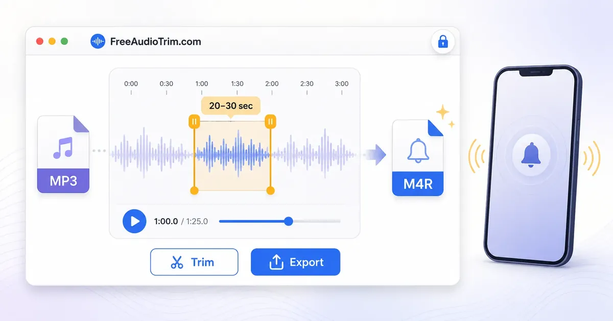 MP3 waveform trimmed to 20–30 seconds, converted to M4R, and prepared as an iPhone ringtone