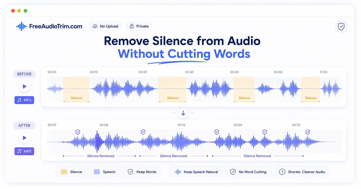 Before-and-after audio waveforms showing long silent gaps removed while spoken words remain intact