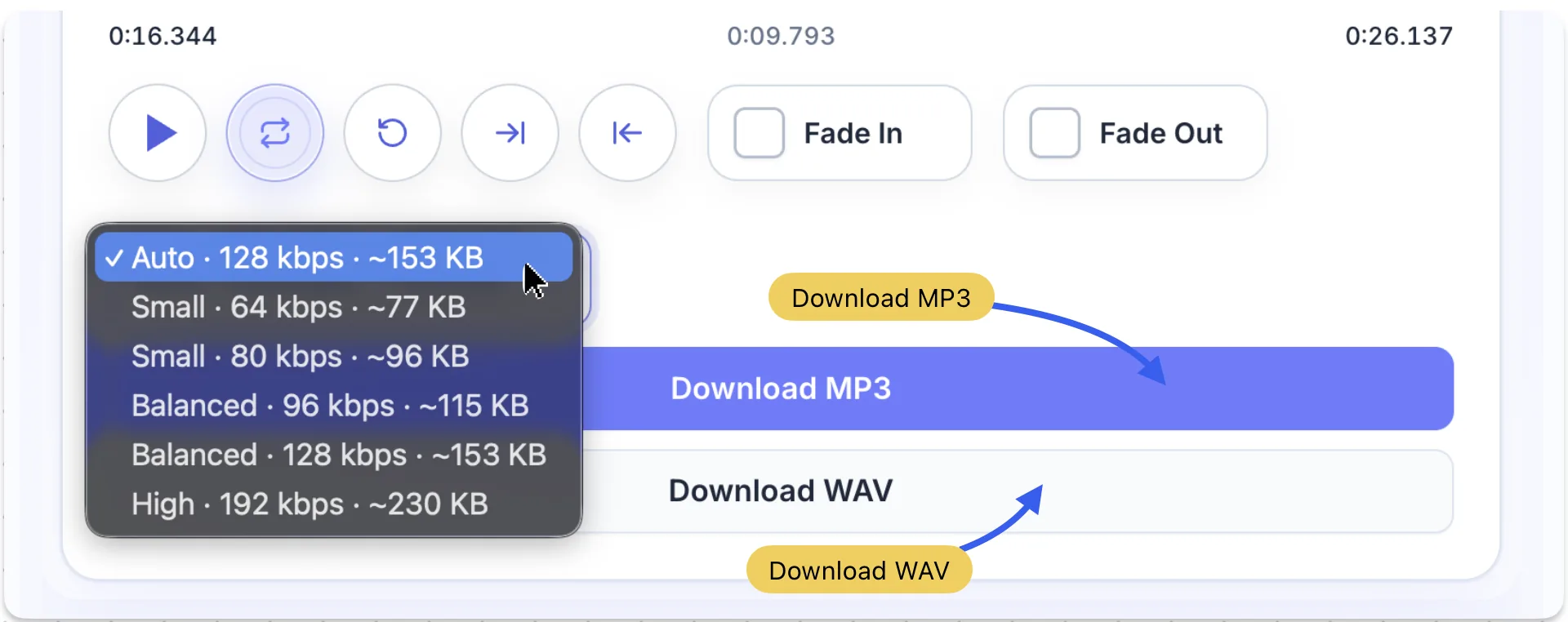 MP3 cutter export screen showing bitrate choices download MP3 button and download WAV button