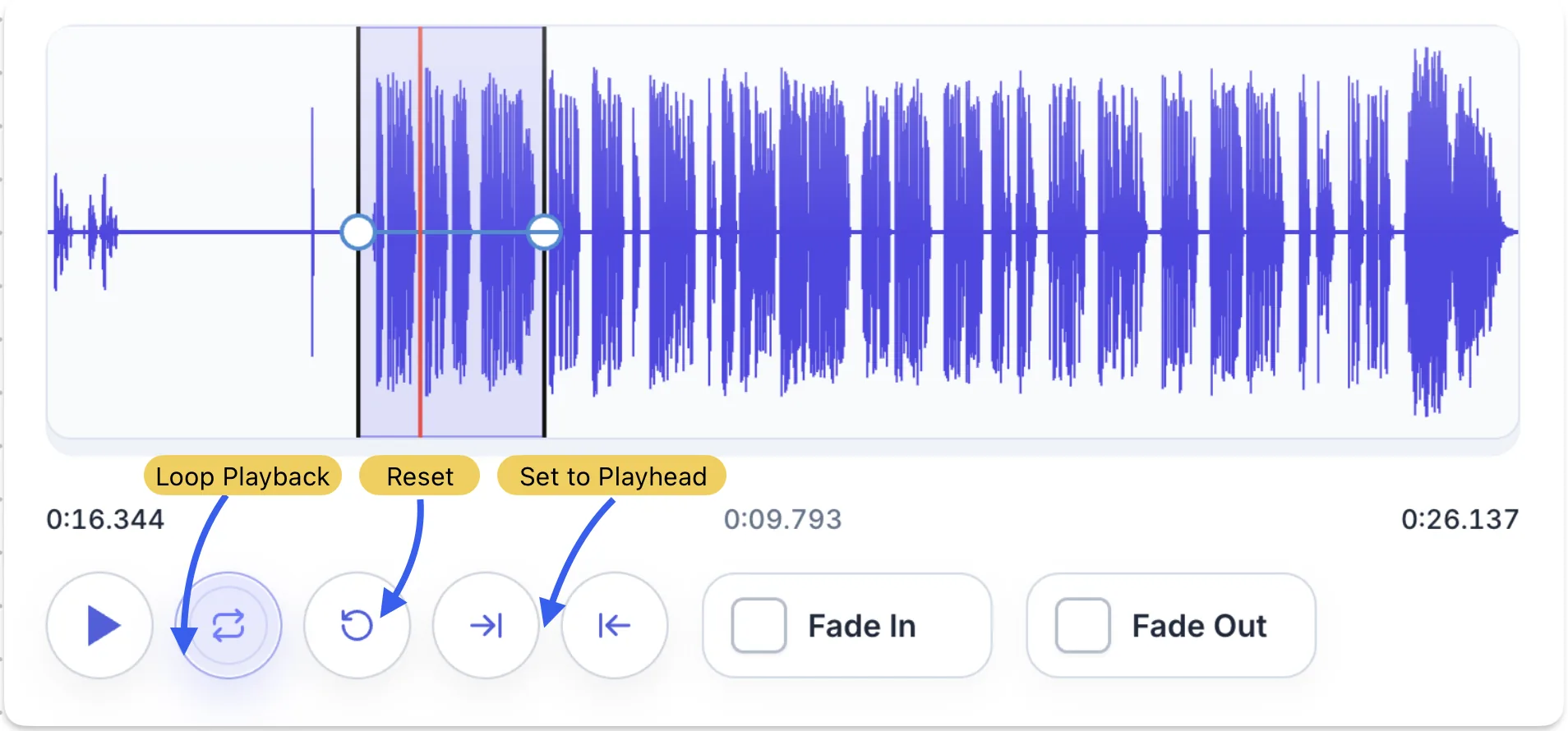 Browser audio trimmer preview controls showing loop playback reset set to playhead fade in and fade out options