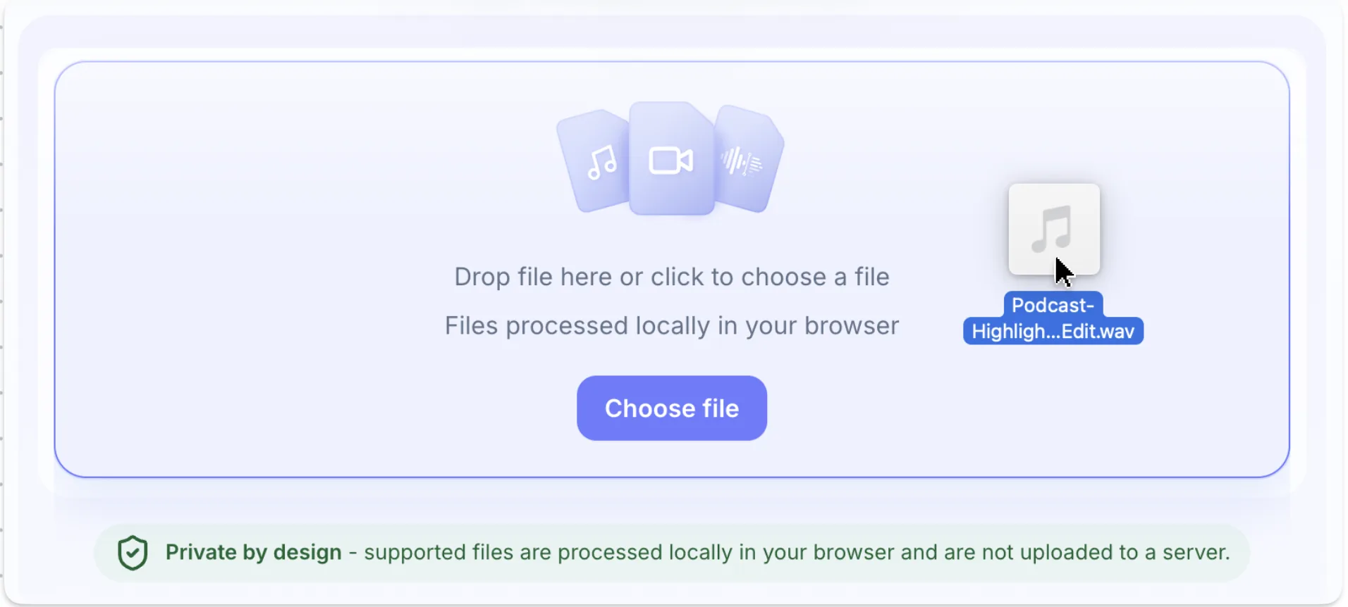 FreeAudioTrim free audio trimmer upload screen showing drag and drop file selection and private browser processing