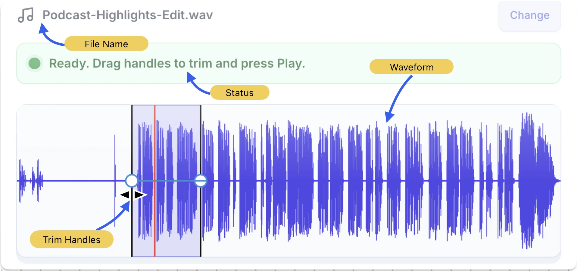 Online audio cutter waveform editor showing file name status message trim handles and selected audio range