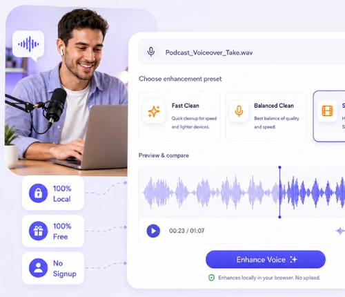 AI Voice Studio interface for cleaning and enhancing spoken audio in the browser