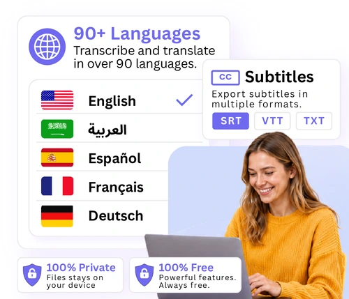 Transcription tool supporting over 90 languages and SRT, VTT, and TXT subtitle exports